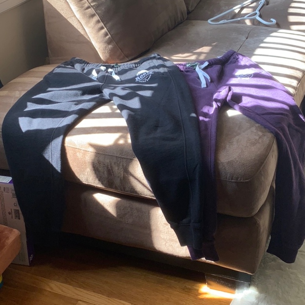 Used Roots Track Pants both size small black and plum purple
